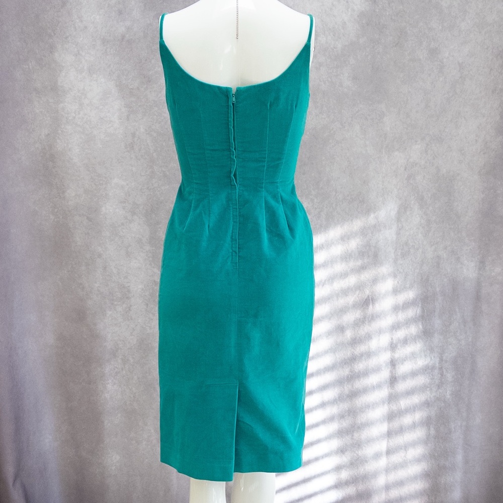Vintage 1950s Joan Miller for Glen Teal Cotton Velveteen Sheath Dress ~24” waist - Picture 2 of 9